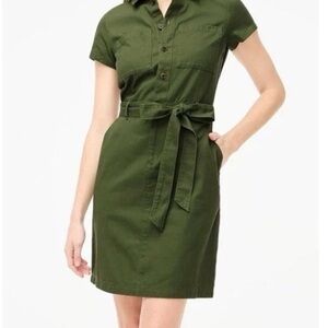 J. Crew Olive Green Short-Sleeve Shirt Dress with Tie Waist